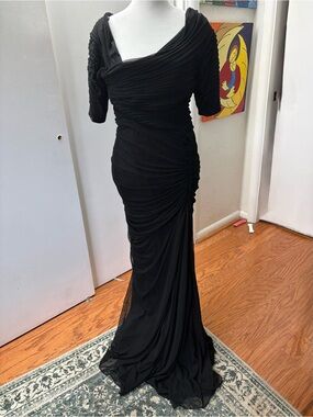 Tadashi Shoji Black Ruched Draped Maxi Gown